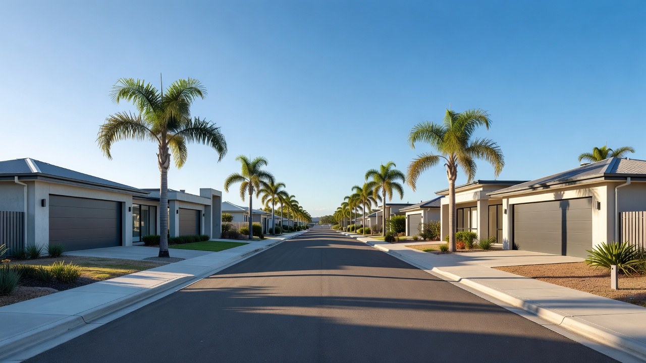 A quiet Gold Coast suburban street of homes with double garage doors